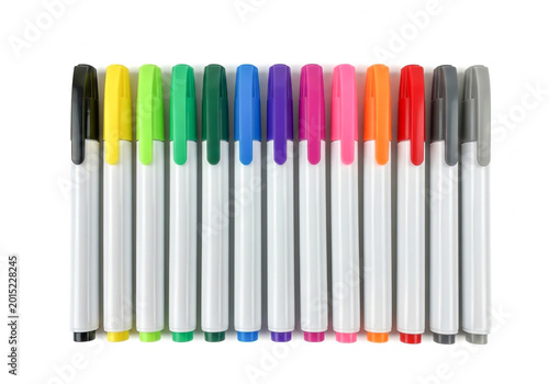 Assorted color markers in a row with caps off