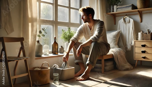 Young Man Relaxing in Sunlit Minimal Bedroom with Cozy Scandinavian Interior