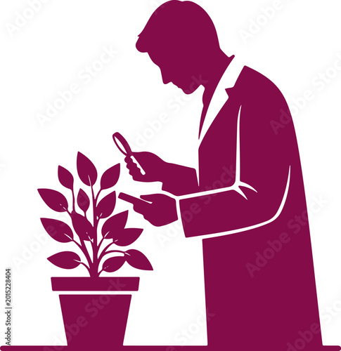 Fotografi Scientist examines plant with magnifying glass, researcher studies botany, biology, science experiment, horticulture