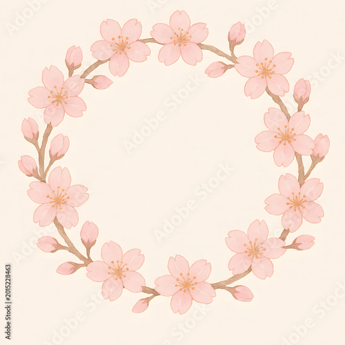 Floral wreath made of pink watercolor cherry blossoms and buds with central copy space. generated by AI.
