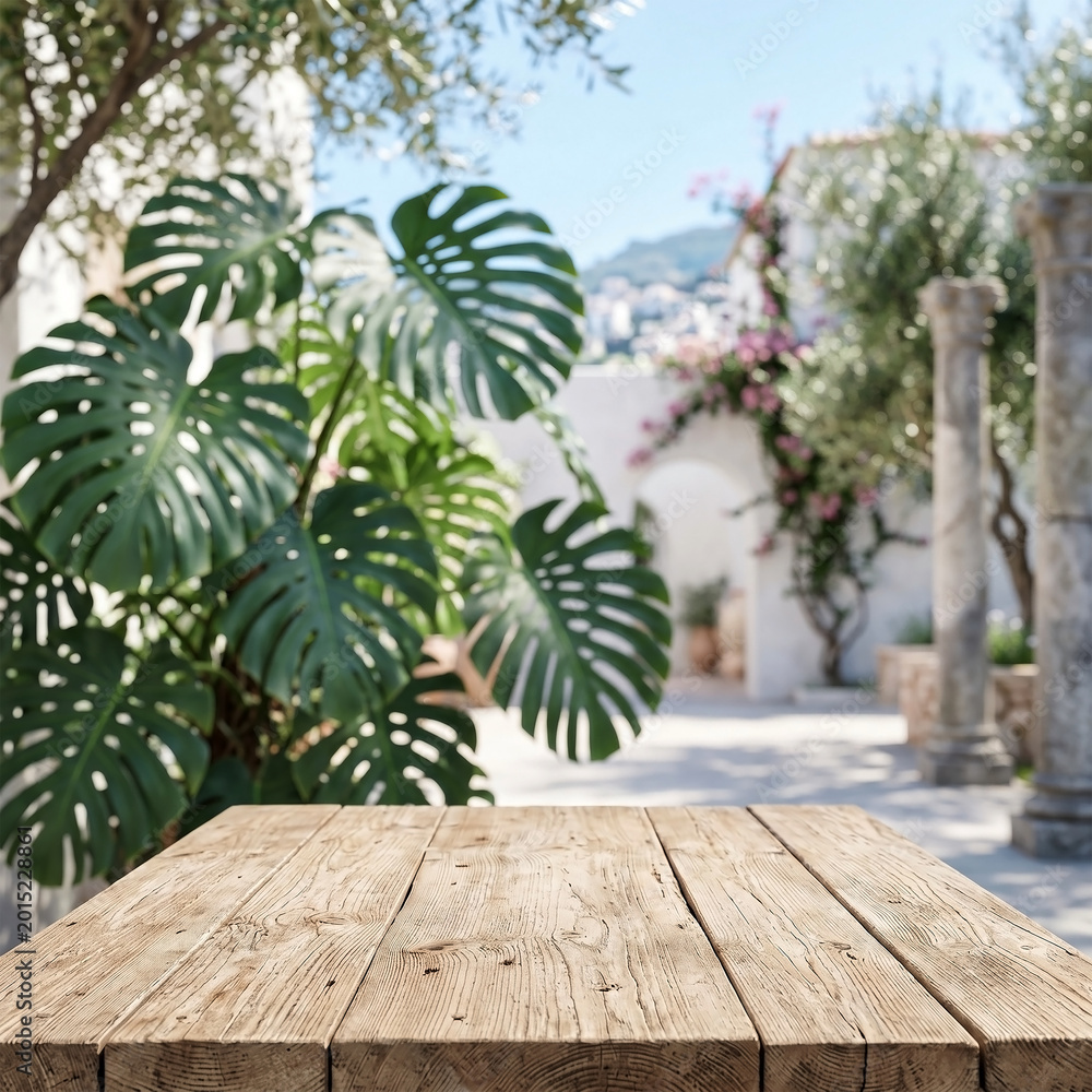 Fototapeta premium Empty Wooden Table Surface Background with Monstera Plant and Sunny Mediterranean Courtyard for Product Display Mockup