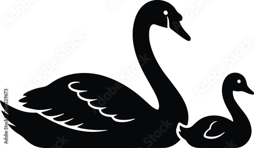 Canvas Print Black swan and cygnet silhouette illustration isolated on light background featu