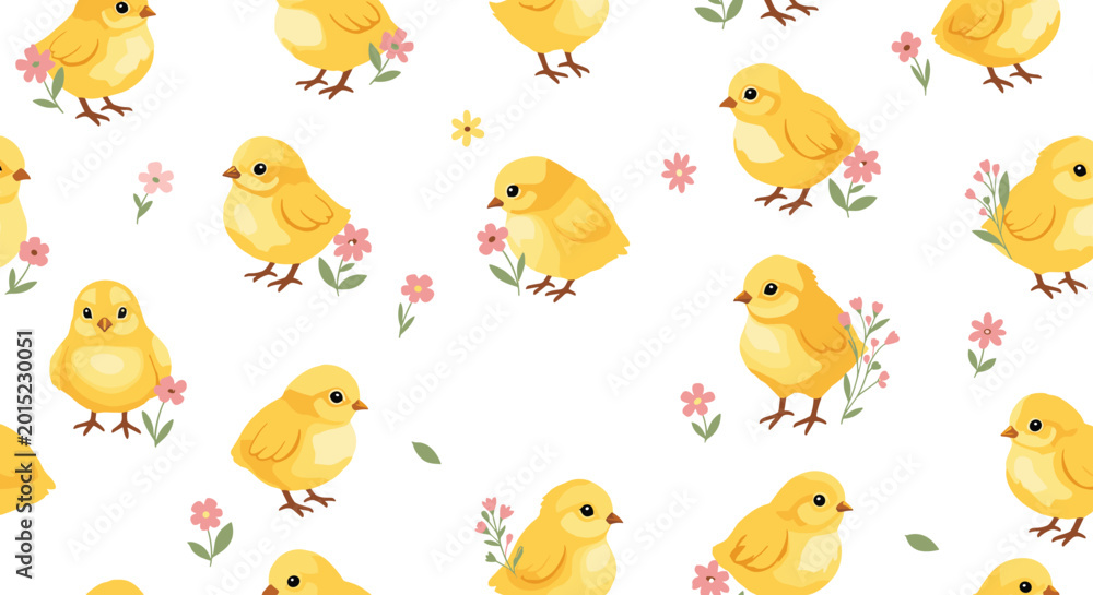 Fototapeta premium Adorable seamless pattern of fluffy yellow chicks and tiny pink flowers scattered on a clean white background.