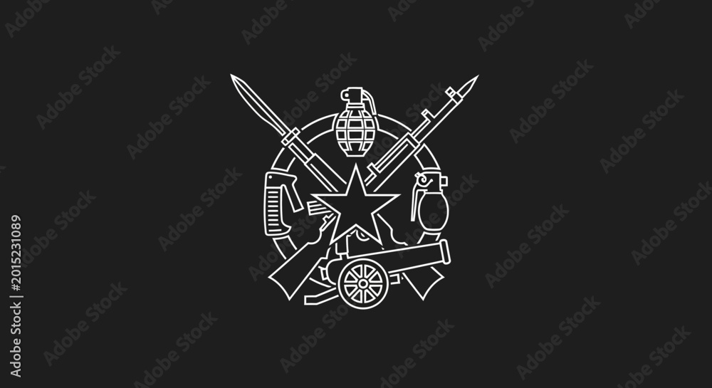 Fototapeta premium Vintage military emblem illustration with rifles, grenades, cannon, and a star, symbolizing armed forces and historical valor