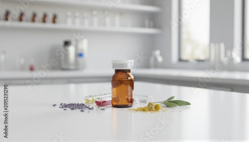 Amber glass medical vial on a modern laboratory workbench with botanical extracts