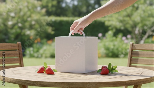 Fresh fruit delivery box on sunlit garden table