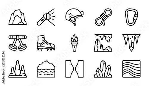 Φωτογραφία Caving Equipment Icons, Adventure Gear Set, Outdoor Exploration Symbols, Black a
