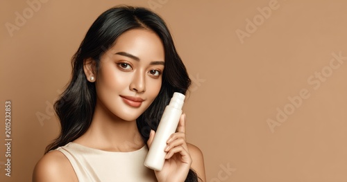 Woman with cosmetic product smiles against neutral background copy space