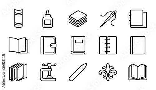 Bild auf Leinwand Bookbinding Icons Set: Craft, Paper, and Stationery Supplies for Creative Projec