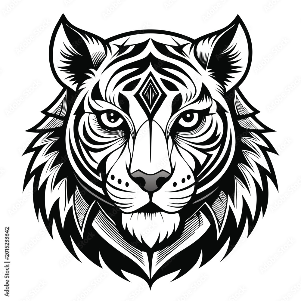 Fototapeta premium Intricate black and white tiger head illustration depicting a powerful and elegant animal portrait