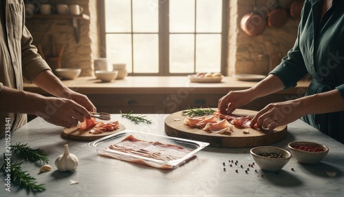 Friends preparing a charcuterie board in a bright kitchen