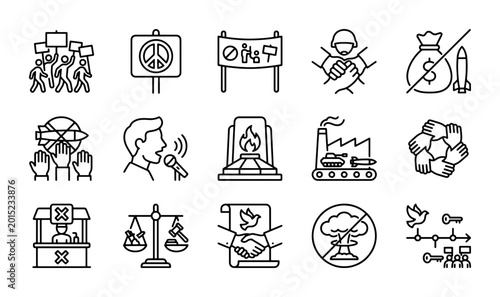 Foto Peace and Protest Icons: Social Justice, Human Rights, and Anti-War Symbols Set