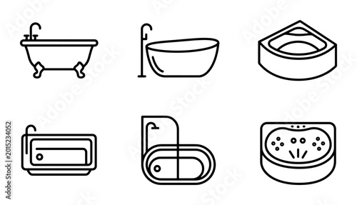 Konstfotografi Modern Bathroom Bathtub Icons, Vector Set: Clawfoot, Corner, Jacuzzi Tubs