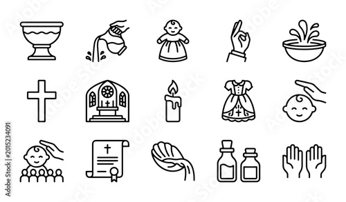 Foto Christian Baptism Icons, Religious Ceremony Symbols, Holy Sacrament Vector Set