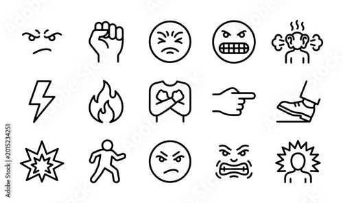 Anger Emotion Icons, Aggression Symbols, Frustration Faces, Rage Vector Set