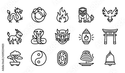 Foto Chinese Zodiac Animals & Symbols Vector Icons, Asian Culture Icons, Mystical Cre