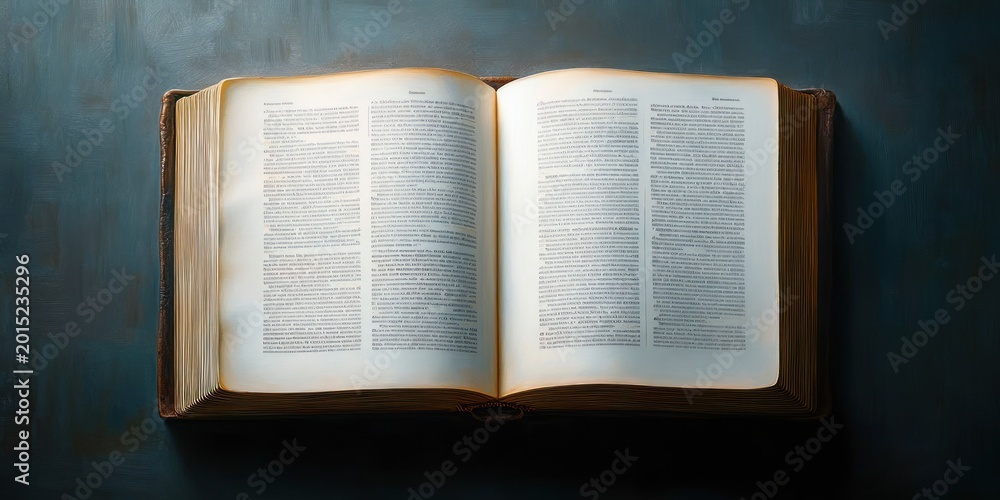 Fototapeta premium open aged book with two-column printed text and yellowed pages on a dark textured surface, bathed in warm light and soft shadow, evoking calm, contemplative nostalgia