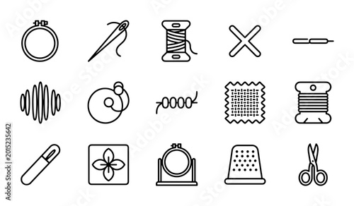 Fotografía Embroidery Icons Set: Needle, Thread, Hoop, Scissors, Thimble, Fabric, Crafting