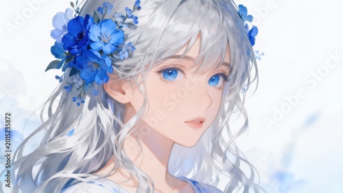 Anime girl with blue flowers in hair