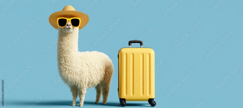 Fototapeta premium Alpaca in office meeting vibe with hat and suitcase