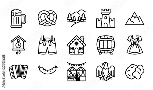 Canvastavla Bavarian Icons Set: Beer Mug, Pretzel, Castle, Mountains, Accordion, Sausage, Di