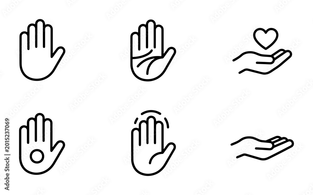 Fototapeta premium Hand Icons Set: Open Palm, Giving, Caring, Gestures, Vector Graphics, Line Art