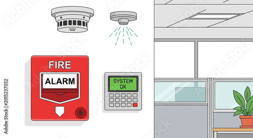 Bild auf Leinwand Fire Alarm System Components: Smoke Detector, Sprinkler, Pull Station, Control P