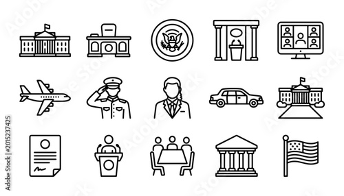 Obraz na płótnie Government & Civic Icons: White House, Courthouse, Seal, Podium, Meeting, Flag,