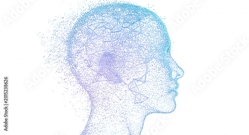 Profile view of a human head silhouette formed by blue and purple digital particles and glowing network connections on a black background