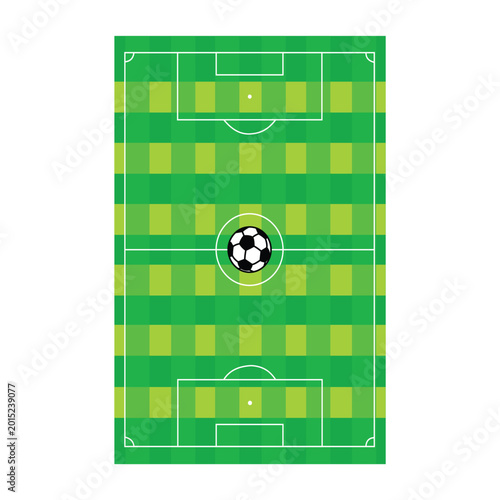 A green soccer field with a soccer ball on it in center