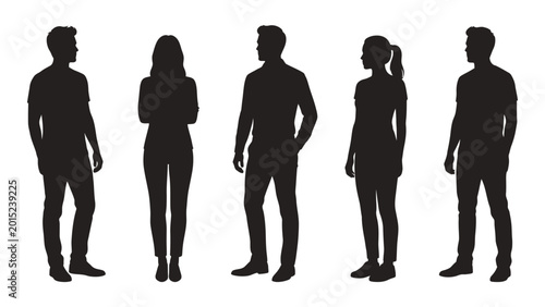 Fotografija Five people standing in various poses black silhouette on a white background hig
