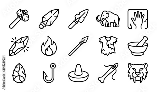 Fotografía Stone Age Icons, Prehistoric Tools Vector Set: Mammoth, Spear, Flint, Fire, Cave