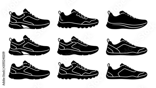 Quadro su tela Set of 9 Black Silhouette Running Shoes, Athletic Footwear Icons, Sport Sneakers