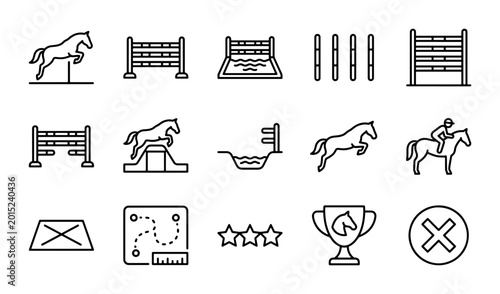Foto Equestrian Show Jumping Icons Set, Horse Riding Competition Vector Graphics, Hor