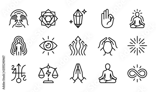 Quadro su tela Esoteric Symbols Vector Icons, Spiritual Concepts, Mystical Elements, Chakra, Me