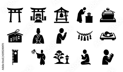 Fotografía Japanese Shinto Religion Icons, Sacred Torii Gates, Prayer Figures, and Temple E