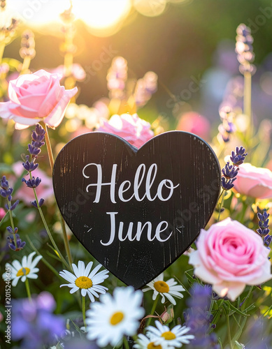 Charming black heart-shaped wooden sign with elegant white Hello June text, beautiful spring flowers, pink roses, lavender and daisies