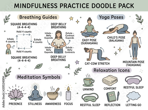 Foto Mindfulness practice doodle pack illustrations.