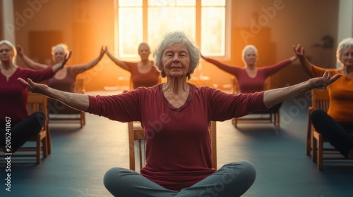 Sunlit group of older adults with blurred faces seated on chairs in a calm chair yoga class, arms outstretched in peaceful stretching and mindful breathing