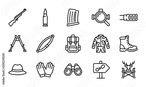 Obraz na płótnie Hunting Icons Set, Outdoor Adventure Gear, Wildlife Sport Equipment, Vector Grap