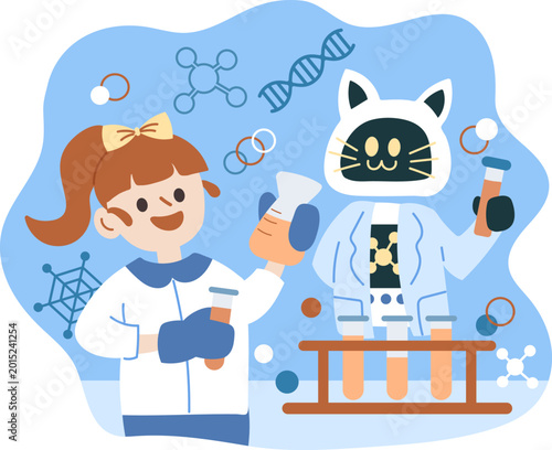Cute AI cat robot helping girl with science chemistry experiment illustration.