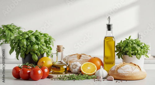 Fresh Mediterranean cooking ingredients ripe tomatoes, aromatic basil, golden olive oil, and rustic bread arranged on a bright kitchen counter