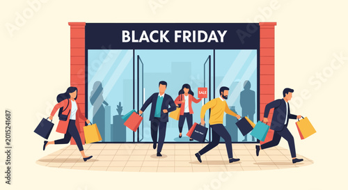 Shoppers Rushing Into Store Entrance During Busy Retail Activity