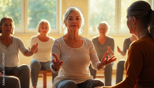 Sunlit seated group meditation and gentle yoga class of older adults with calm, focused and peaceful atmosphere