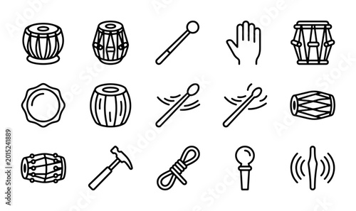 Obraz na płótnie Indian Percussion Instruments Vector Icons Set: Tabla, Dholak, Damru, Drumsticks