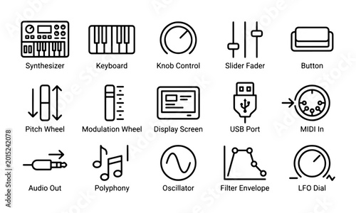 Foto Music Production Icons: Synthesizer, Keyboard, Audio Controls, and Sound Element