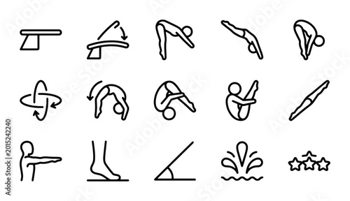 Tableau sur toile Diving Poses and Equipment Icons, Aquatic Sports & Gymnastics Figures, Vector Se