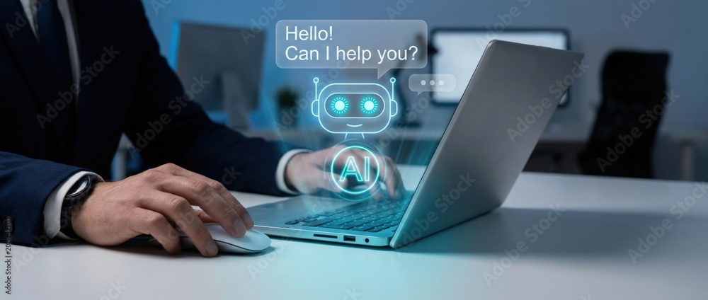 Fototapeta premium Interactive ai assistance enhancing business productivity with chatbots modern office environment digital interaction professional viewpoint