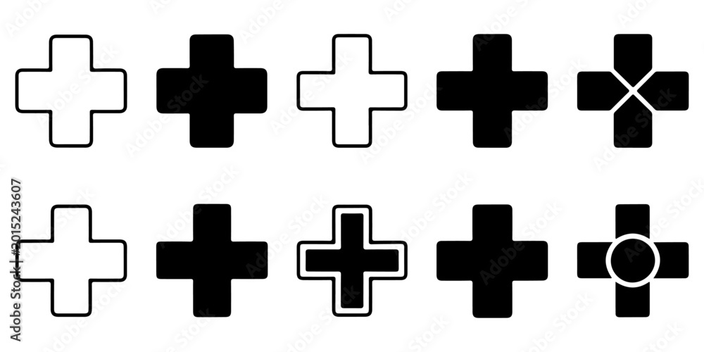 Obraz premium Medical cross icon set with black and white healthcare plus symbols in modern geometric vector style isolated on gray background