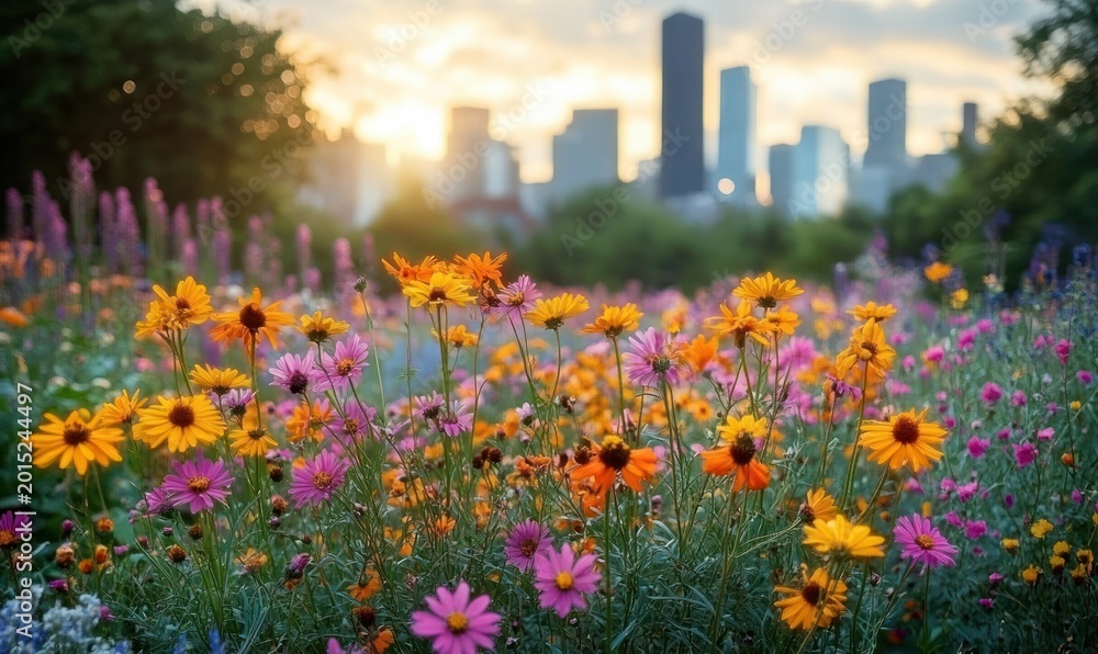 Obraz premium Vibrant wildflower meadow with yellow, orange and pink blossoms glowing in golden sunrise, soft green trees and blurred city skyline in the background, peaceful and uplifting